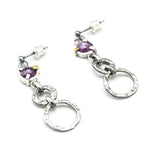 Earrings faceted Pink Sapphire in silver bezel and prongs setting with silver double circle loop on sterling silver post and backing