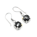 Round faceted black onyx earrings in silver bezel and prongs setting on sterling silver hooks style