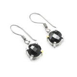 Round faceted black onyx earrings in silver bezel and prongs setting on sterling silver hooks style