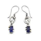 Rectangle rectangle kyanite earrings in silver bezel and prongs setting with silver texture circle loop on hooks style