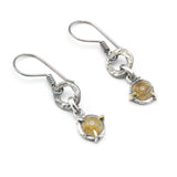 Rutilated quartz earrings in silver bezel and prongs setting with silver texture circle loop on hooks style