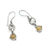 Rutilated quartz earrings in silver bezel and prongs setting with silver texture circle loop on hooks style