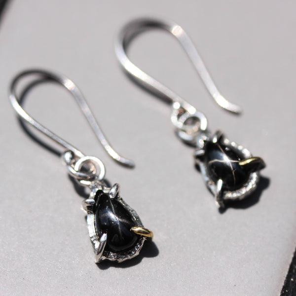 Teardrop cabochon Star black Diopside earrings with sterling silver hooks style