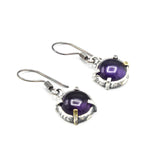 Round cabochon Amethyst earrings in silver bezel and prongs setting on sterling silver hooks style