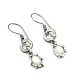 Oval Moonstone earrings in silver bezel and prongs setting with silver texture circle loop on hooks style