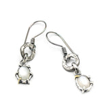 Oval Moonstone earrings in silver bezel and prongs setting with silver texture circle loop on hooks style