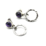 Round Amethyst earrings in silver bezel setting with circle loop on sterling silver stud style