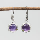 Round cabochon Amethyst earrings in silver bezel and prongs setting on sterling silver hooks style