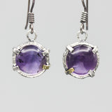 Round cabochon Amethyst earrings in silver bezel and prongs setting on sterling silver hooks style