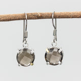 Round faceted smoky quartz earrings in silver bezel and prongs setting on sterling silver hooks style