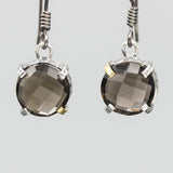 Round faceted smoky quartz earrings in silver bezel and prongs setting on sterling silver hooks style