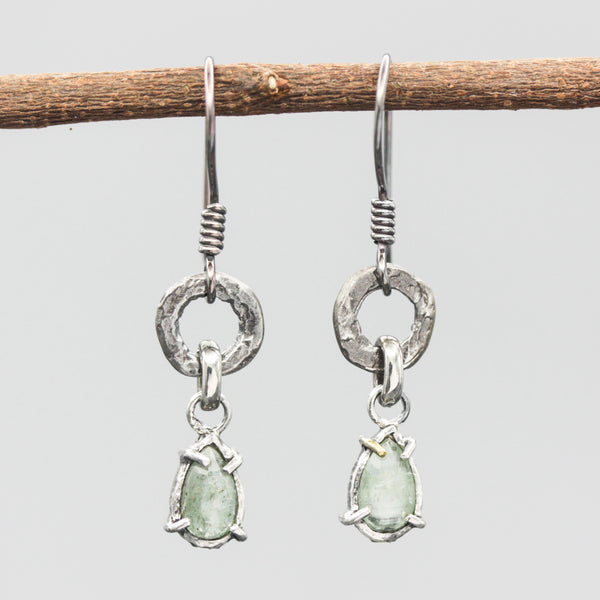 Teardrop mint kyanite earrings in silver bezel and prongs setting with silver texture circle loop on hooks style