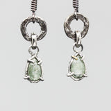 Teardrop mint kyanite earrings in silver bezel and prongs setting with silver texture circle loop on hooks style