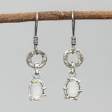 Oval Moonstone earrings in silver bezel and prongs setting with silver texture circle loop on hooks style