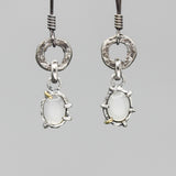 Oval Moonstone earrings in silver bezel and prongs setting with silver texture circle loop on hooks style