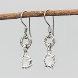 Oval Moonstone earrings in silver bezel and prongs setting with silver texture circle loop on hooks style