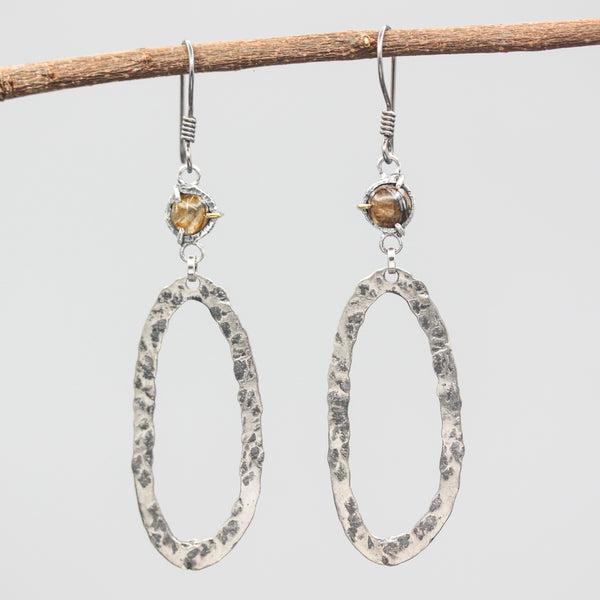 Round Rutilated quartz earrings with Silver oxidized hammer textured oval shape loop on sterling silver hooks style
