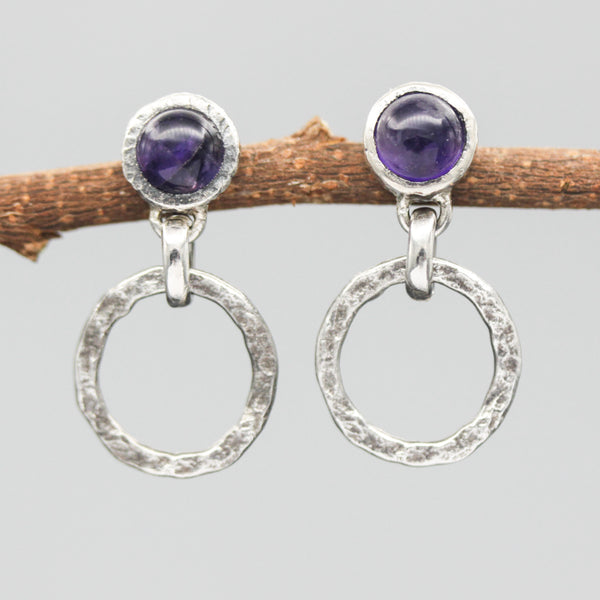 Round Amethyst earrings in silver bezel setting with circle loop on sterling silver stud style
