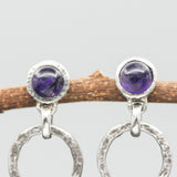Round Amethyst earrings in silver bezel setting with circle loop on sterling silver stud style