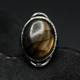 Oval gold/green natural Labradorite cocktail ring with sterling silver band