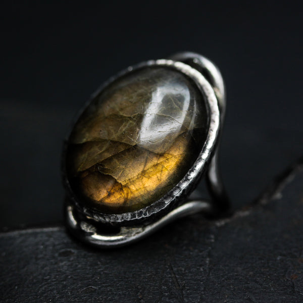 Oval gold/green natural Labradorite cocktail ring with sterling silver band