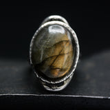 Oval gold/green natural Labradorite cocktail ring with sterling silver band