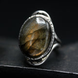 Oval gold/green natural Labradorite cocktail ring with sterling silver band