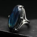 Oval dark blue natural Labradorite cocktail ring with sterling silver band