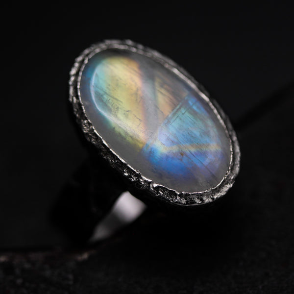 Oval cabochon Moonstone ring with sterling silver thick band
