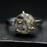 Round Rutilated quartz ring in bezel and prongs setting with sterling silver texture oxidized band