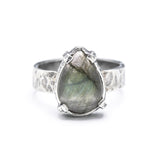Teardrop cabochon Labradorite ring in bezel and prongs setting with sterling silver oxidized hard texture band