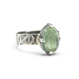 Green kyanite ring in silver bezel and prongs setting with sterling silver texture flat design band