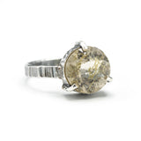 Round Rutilated quartz ring in bezel and prongs setting with sterling silver texture oxidized band