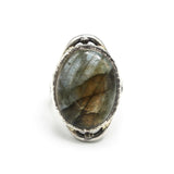 Oval gold/green natural Labradorite cocktail ring with sterling silver band