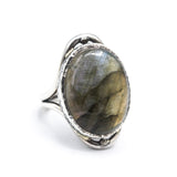 Oval gold/green natural Labradorite cocktail ring with sterling silver band