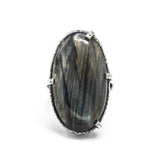 Oval dark blue natural Labradorite cocktail ring with sterling silver band