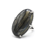 Oval dark blue natural Labradorite cocktail ring with sterling silver band