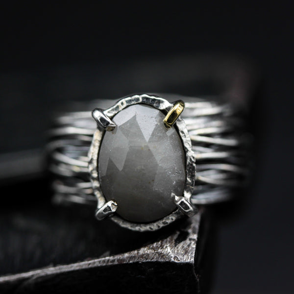 Sterling silver wrap design ring with grey Sapphire gamstone