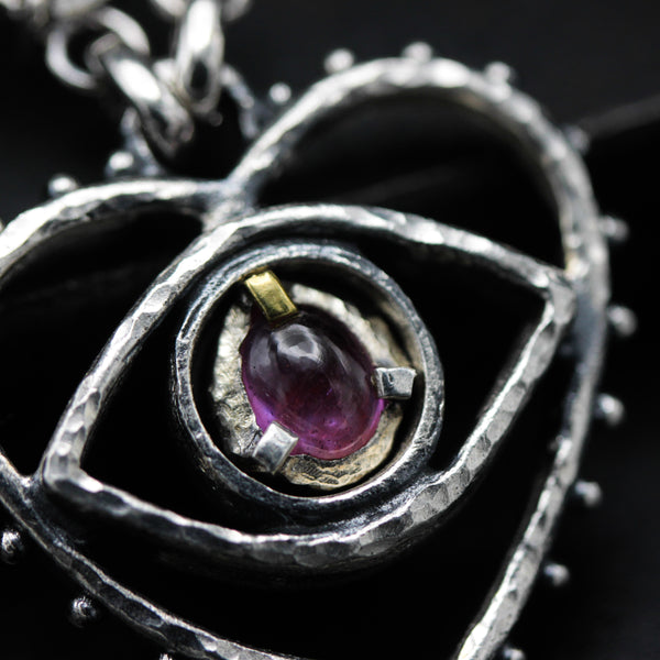 'The eye of Love' Sterling silver necklace in heart and The third eyes shape with Siamese Pink sapphire, square green tourmaline secondary