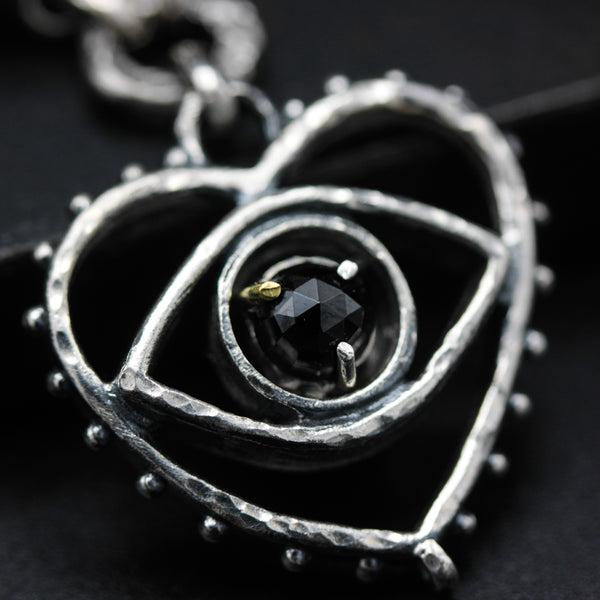 'The eye of Love' Sterling silver necklace in heart and The third eyes shape with oval Black spinel, oval Blue Kyanite secondary
