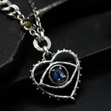 'The eye of Love' Sterling silver necklace in heart and The third eyes shape with oval blue kyanite, square green tourmaline secondary