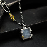 Square Light gray druzy pendant necklace in silver bezel and prongs setting