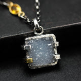 Square Light gray druzy pendant necklace in silver bezel and prongs setting