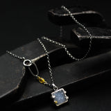 Square Light gray druzy pendant necklace in silver bezel and prongs setting