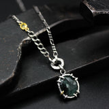 Green Emerald pendant necklace in silver bezel and prongs setting