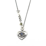 'The eye of Love' Sterling silver necklace in heart and The third eyes shape with oval blue kyanite, square green tourmaline secondary