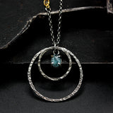 Oval mint kyanite pendant necklace and double circle shape with multi sapphire secondary on sterling silver chain