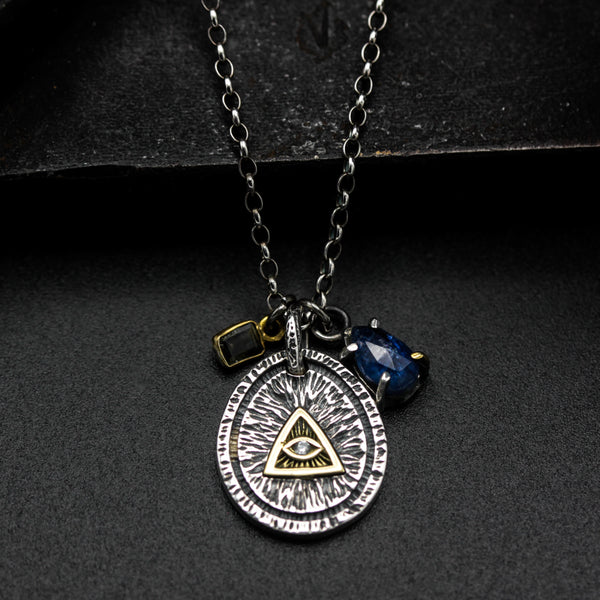 Eye of providence pendant necklace with Blue kyanite and green tourmaline gemstone
