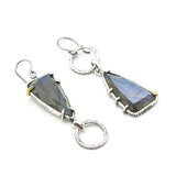 Triangle Labradorite earrings in silver bezel and prongs setting with silver texture circle on hooks style