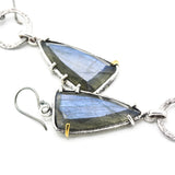 Triangle Labradorite earrings in silver bezel and prongs setting with silver texture circle on hooks style